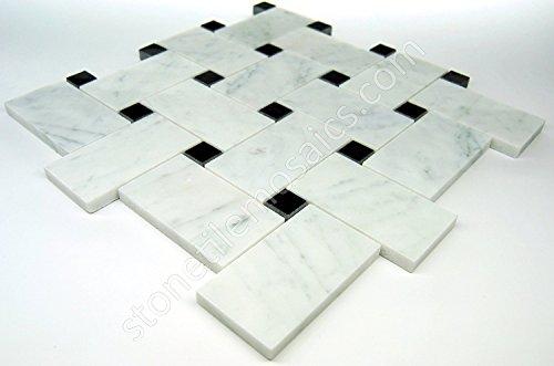Carrara Marble Italian White Basketweave Mosaic Carrara Marble Italian White Bianco Carrera Large Size Big Basketweave Mosaic Tile with Nero Black Dots Honed
