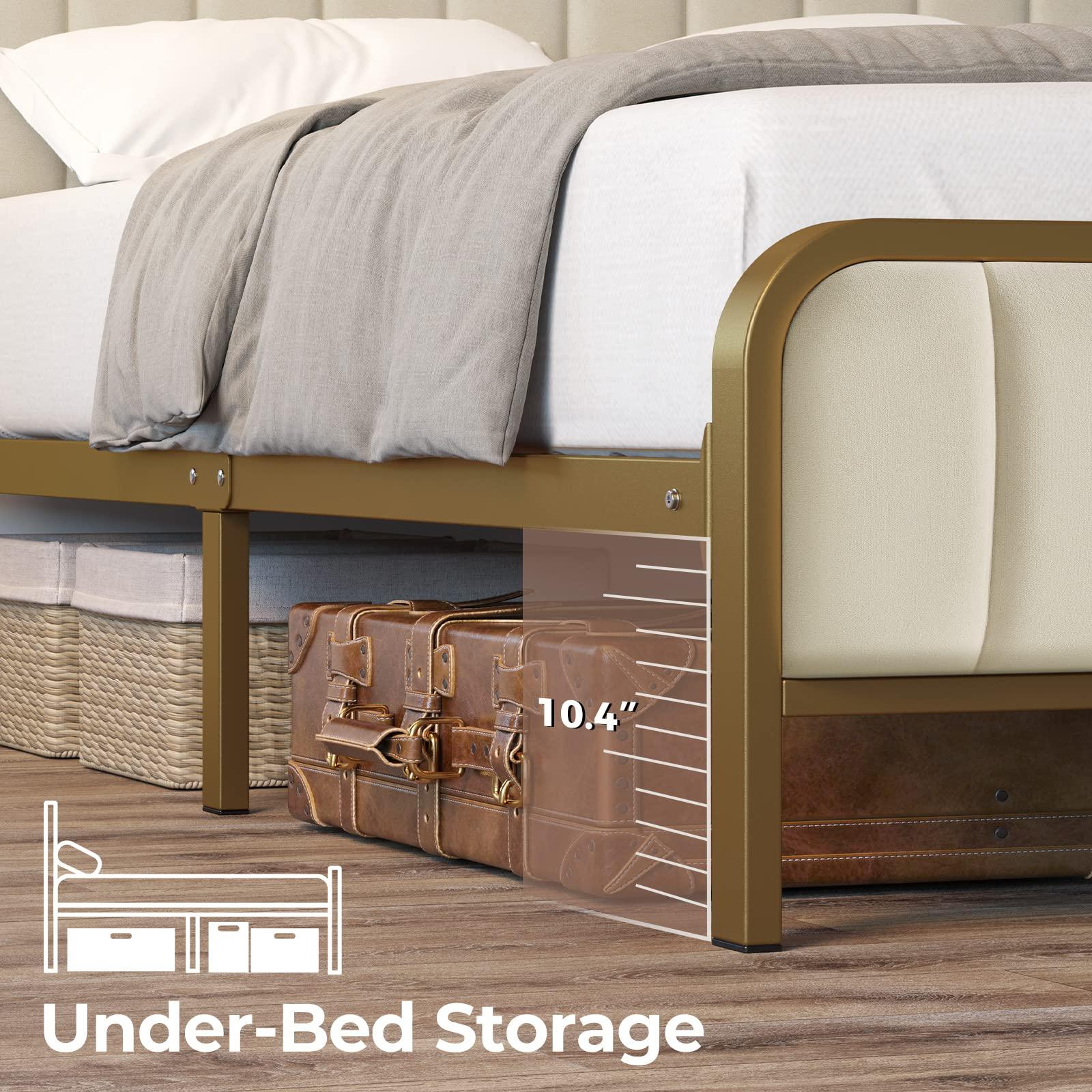 Rolanstar Rolanstar Queen Size Bed Frame with LED Light and Charging Station, Upholstered Headboard and Footboard, Metal Slat, Noise Free, Easy Assembly, Golden