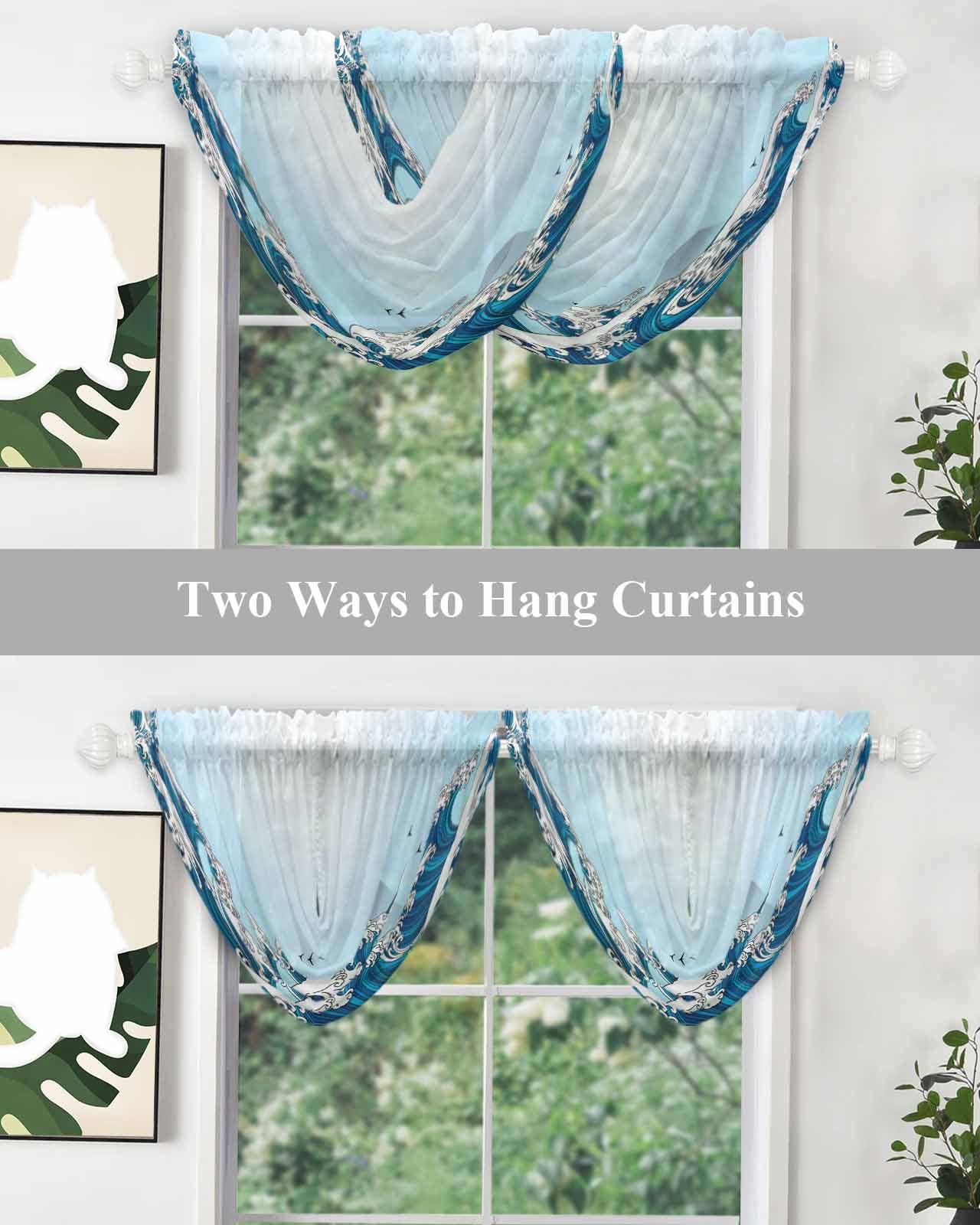 Hokiten Hokiten Blue Ombre Coastal Sheer Waterfall Valance Curtains for Window, Modern Blue Sea Wave Abstract Art Rod Pocket Sheer Topper Swag Curtains for Living Room, Kitchen 38.5" W x 47.2" L, 1 Panel