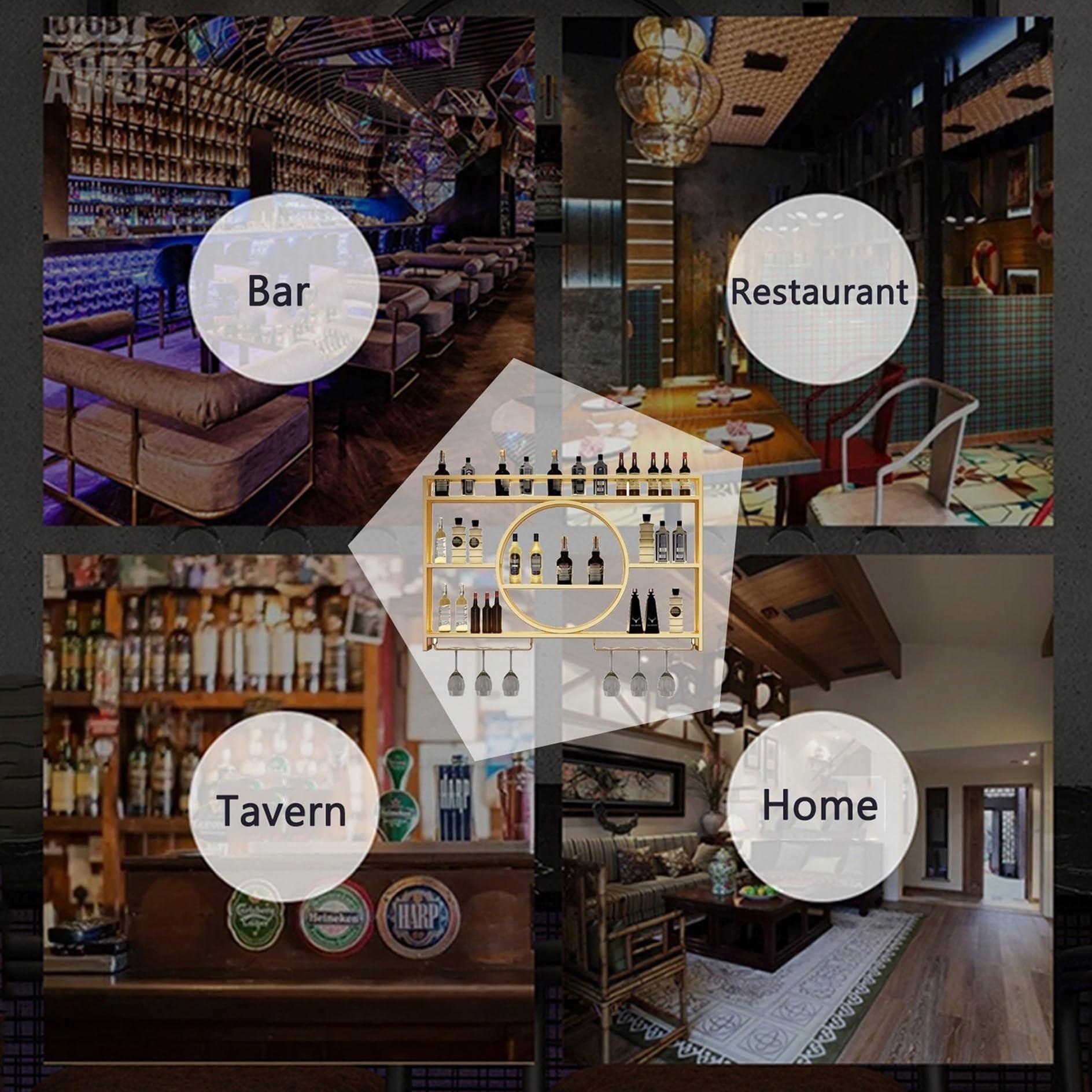 Leaceuv Wall Mounted Wine Rack,Wall Mount Wine Racks for Wine Bottles,Hanging Wine Glass Rack Industrial Storage Holder,Floating Shelves with Stemware Hanger,Plants Wine Display,for Kitchen Dining Room Bar (