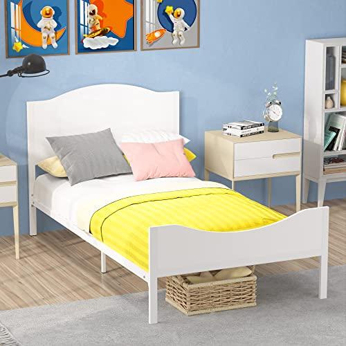 Timy Timy Kids Twin Bed Frame with Wooden Headboard and Footboard, Metal Platform Bed Frame for Boys Girls Teens Adults, Modern Kids Bed Furniture, No Box Spring Needed, White