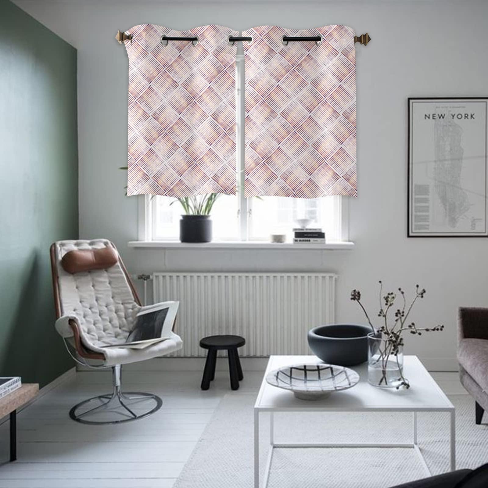 ZOE STORE ZOE STORE Short Kitchen Curtain Panel 39 Inches, Pink Geometric Window Treatment with Grommets, Rhombus Plaid Line Weave Texture Small Window Curtain Drapes for Sink, 55" W x 39" L
