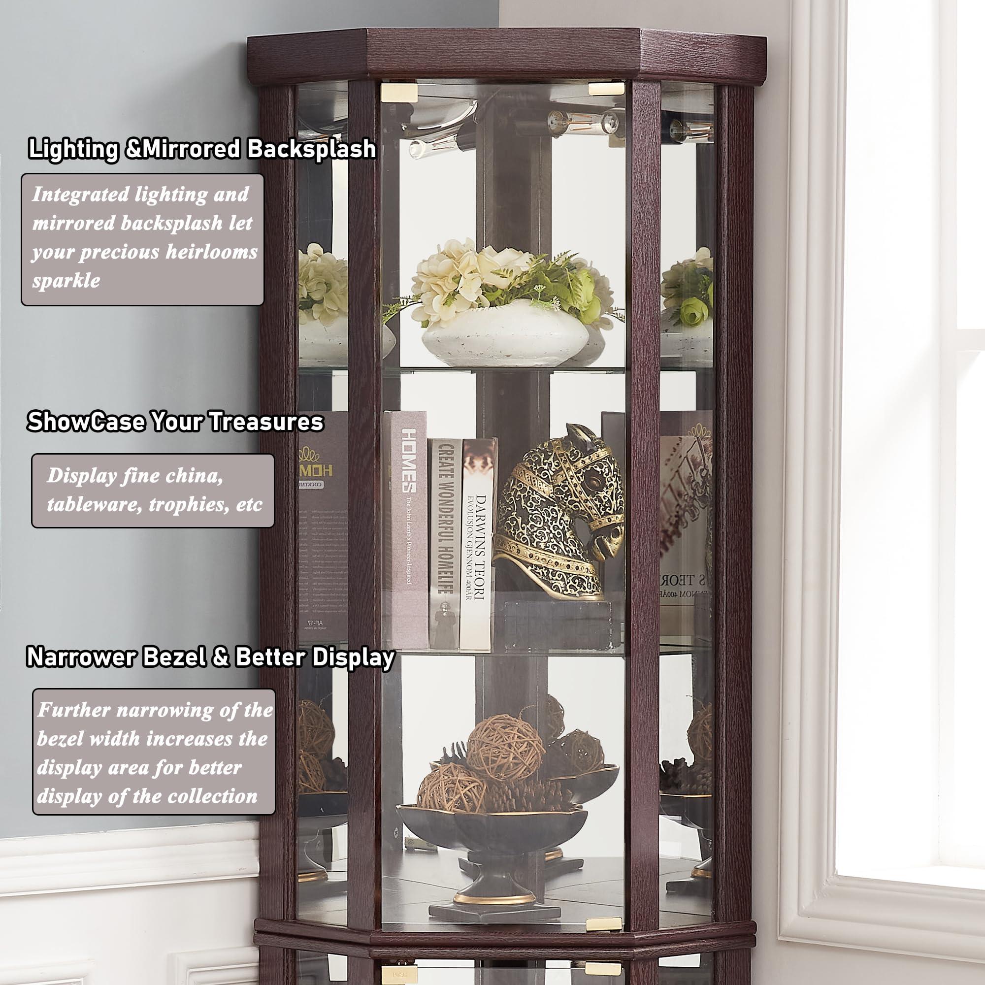 XZTUAJ XZTUAJ 69" H Lighted Corner Curio Cabinet Display Case With Adjustable Shelves, Tempered Glass, Mirrored Back Panel for Living Room (Dark Cherry)