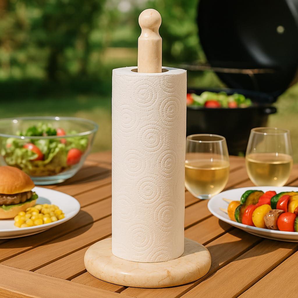 Creative Home Creative Home Natural Champagne Marble Upright Paper Towel Holder Kitchen Towel Dispenser Stand Kitchen Countertop Organizer, 6.5\" Diam. x 12.5\" H, Beige