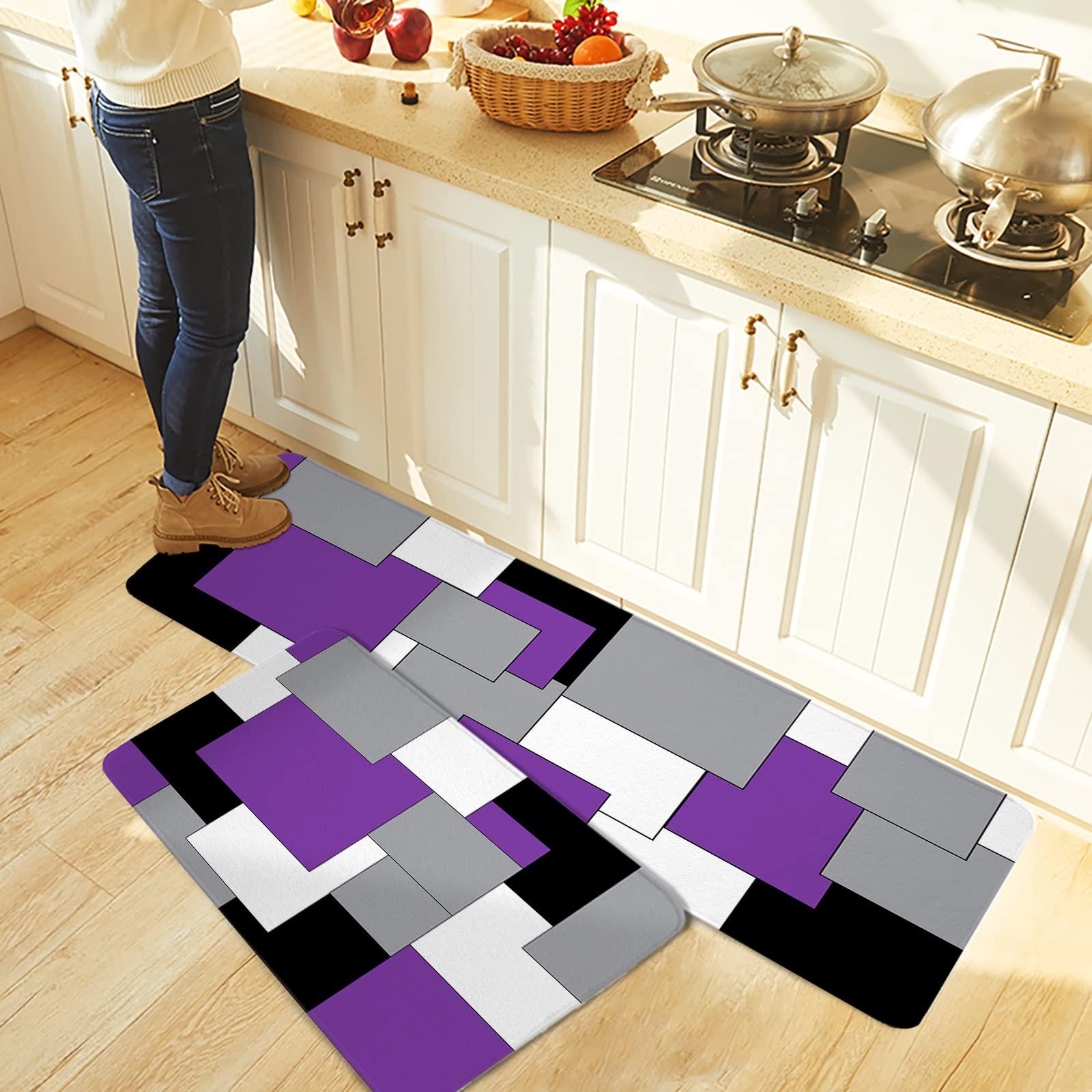 Carosoffe Carosoffe Geometric Purple Gray Black Kitchen Rug 2 PCS, Non-Slip Soft Absorbent Standing Mats for Kitchen Bathroom Living Room Laundry Room Runner Rug Set Abstract Art