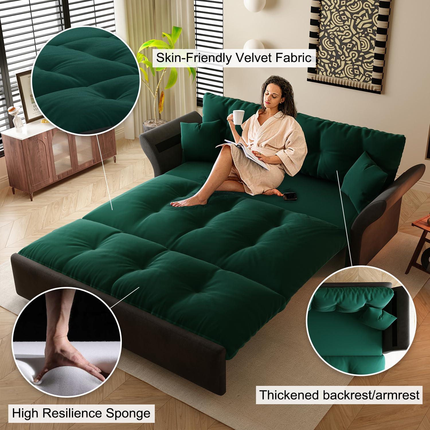 CAPCAEK CAPCAEK 74.8" Queen Pull Out Sofa Bed, Luxury Velvet Convertible Sleeper Couch Futon, Comfy Cloud Pullout Couches,Loveseat Recliner for Living Room Office RV Small Places (Green, 74.8'')