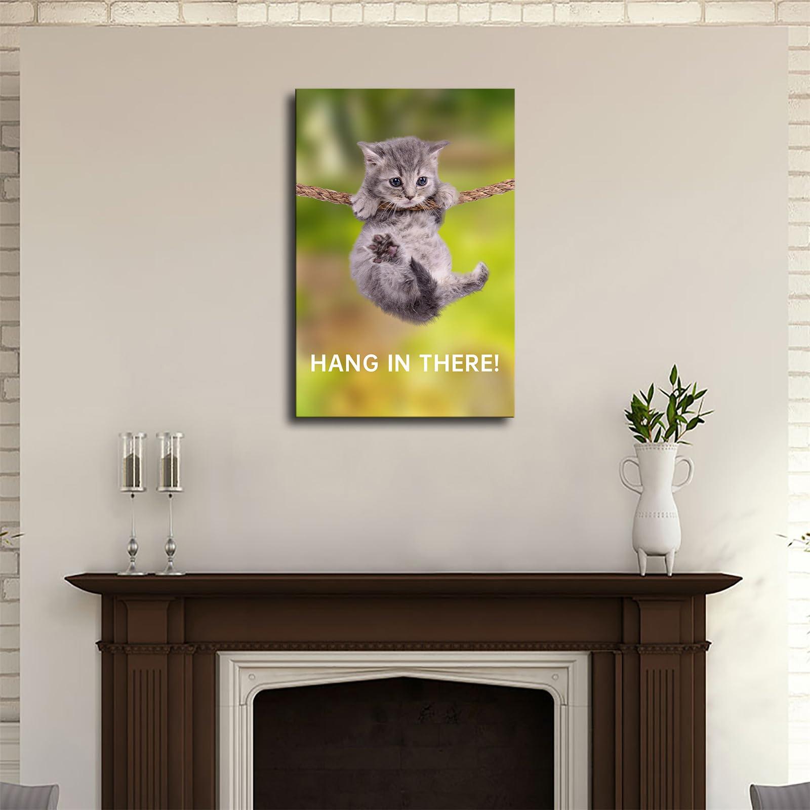 BybiO Hang In There Cat Poster - Funny Cat Posters for Wall, Motivational Cat Wall Art Inspirational Posters Print Canvas Home Living Room Bedroom Decor Mural (1624inch,Framed)