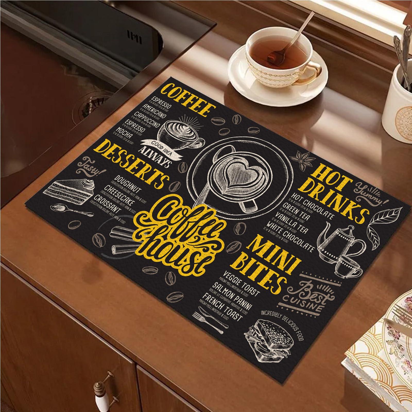 MiZuH Coffee House Area Rug, 3x6 Entry Rug Non-Slip Washable Indoor Door Mat, Stain Resistant Waterproof PU Leather Rug for Bedroom Kitchen Entryway Bathroom (Black/Gold)