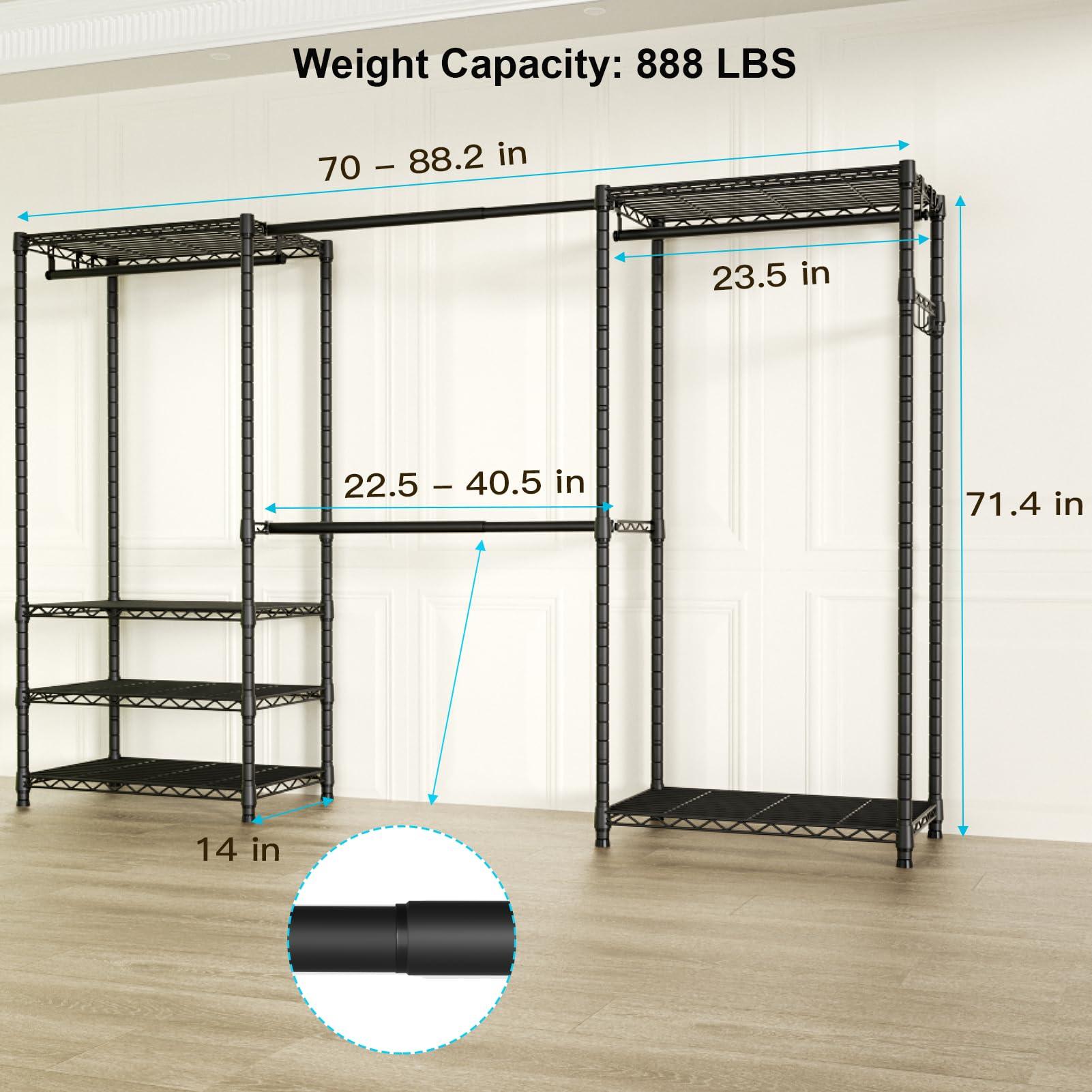 Ulif Ulif E1 Heavy Duty Closet Garment Rack, 6 Tiers Adjustable Metal Freestanding Expandable Clothing Storage with 4 Hanger Rods, Easy to Assemble Wardrobe, 71.4" H x (70" - 88.2") L x 14" D, Black
