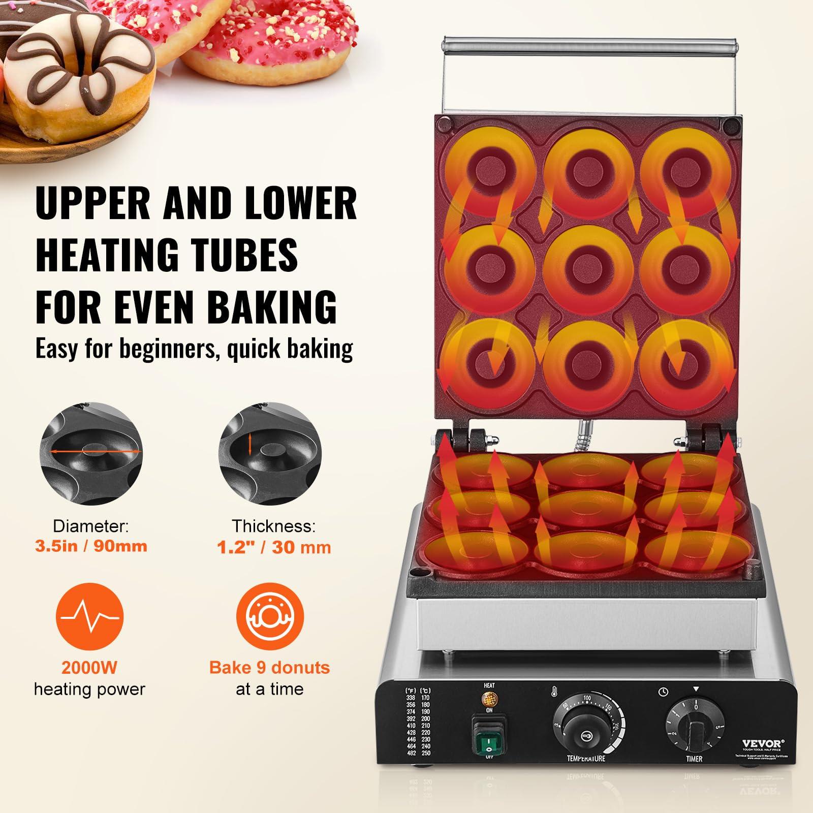 VEVOR VEVOR Electric Donut Maker, 2000W Commercial Doughnut Machine with Non-stick Surface, 9 Holes Double-Sided Heating Waffle Machine Makes 9 Doughnuts, Temperature 122-572, for Restaurant and Home Use