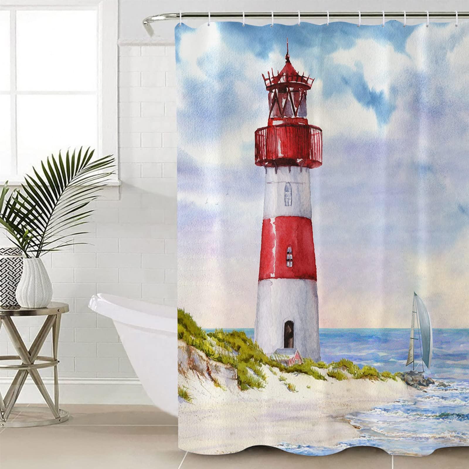 ZOE GARDEN Light-House Shower Curtain Set with Hook 60\"x72\",Washable Cloth Polyester Fabric Shower+Curtain,Waterproof Bath Curtains for Bathroom,Bathtubs Decor Accessories Summer Sea Ocean Nautical Sailboat
