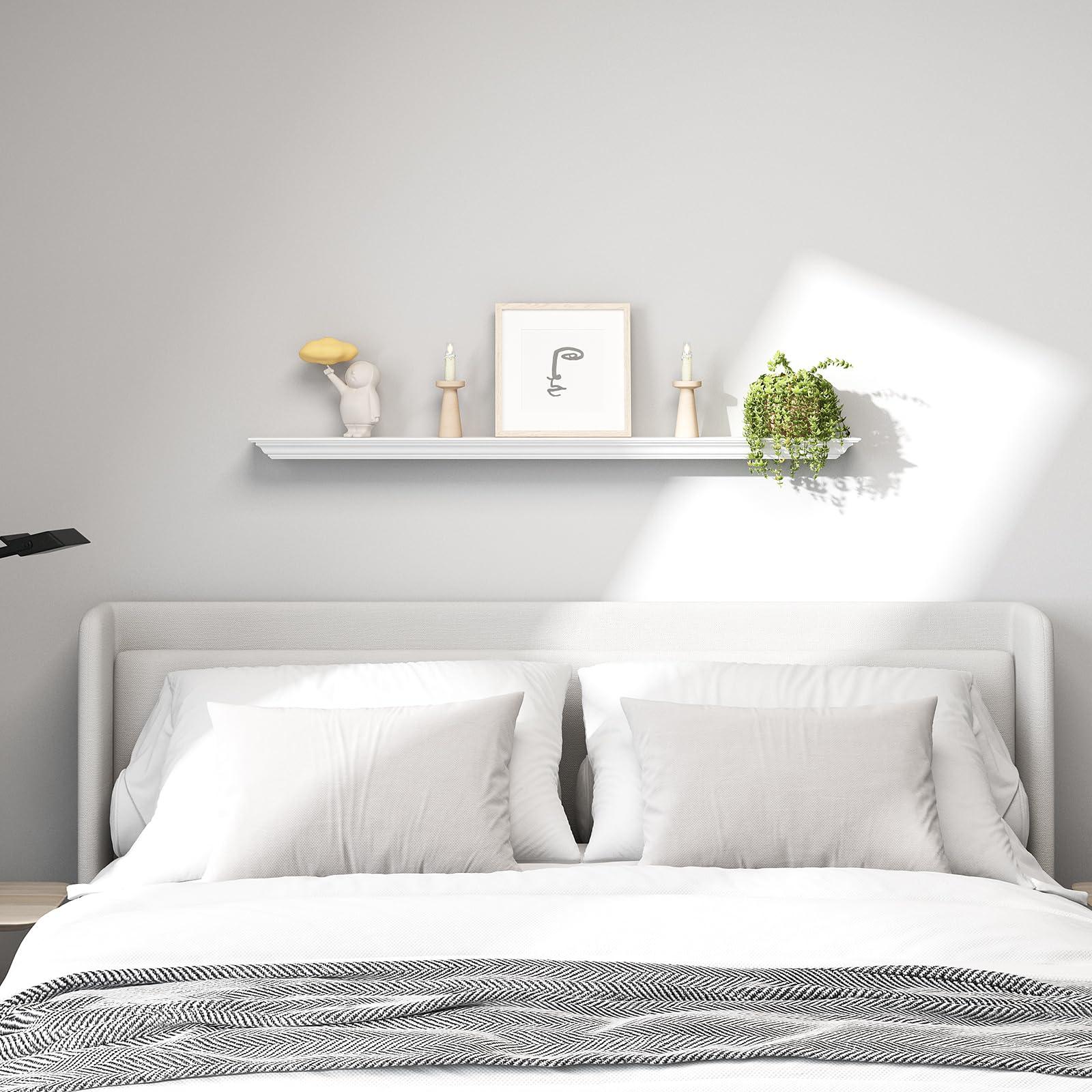 WELLAND WELLAND White Finished 48 inch Pine Wood Fireplace Mantel Shelf Wall Mounted,Corona Crown Molding Floating Wall Picture Ledge Shelves