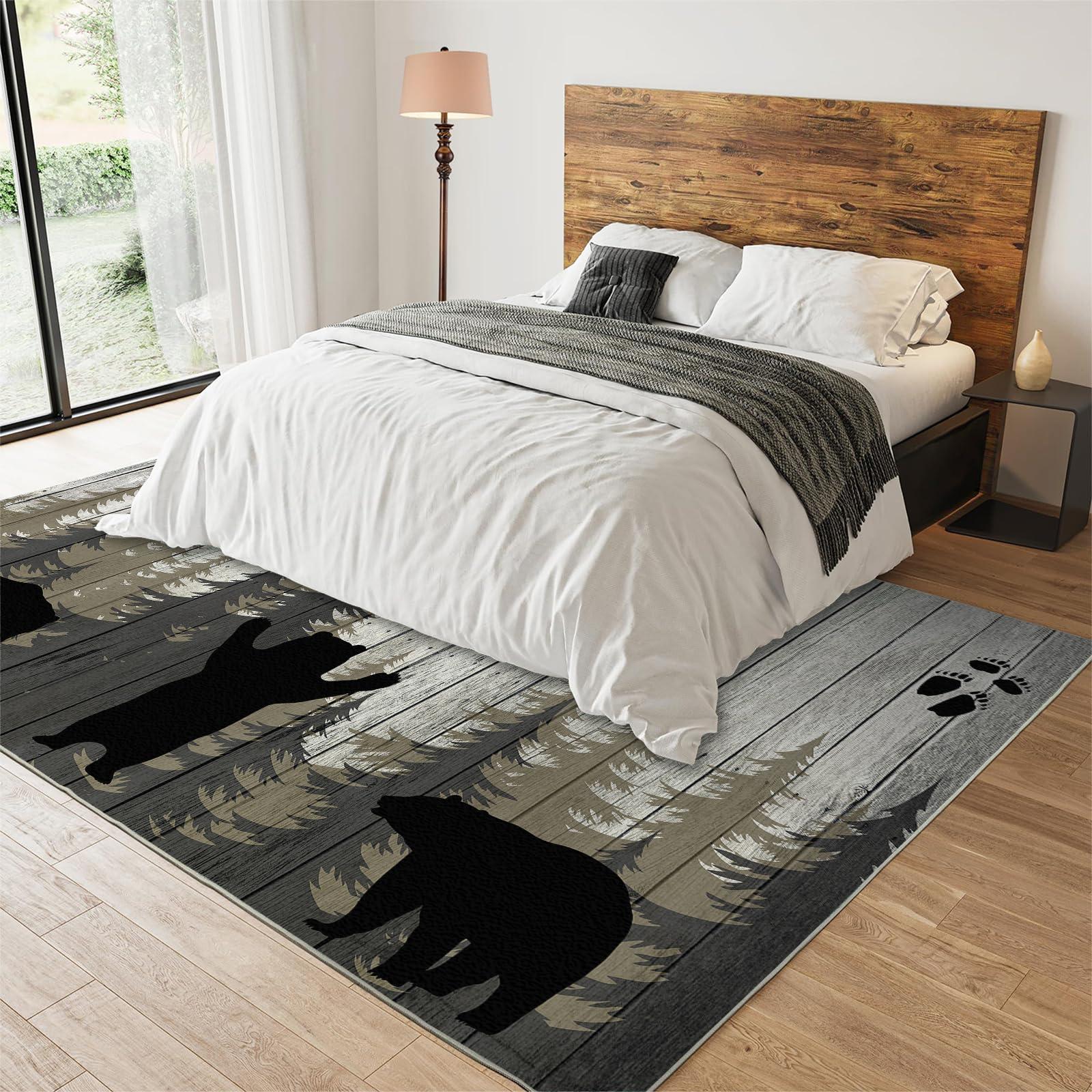 FACADUP Area Rug 7x8 Forest Trail Brown Bear Rugs, Wooden Silhouette Art Bear Carpet, Machine Washable Large Rugs for Apartment Villa Hotel Meeting Room Farmhouse