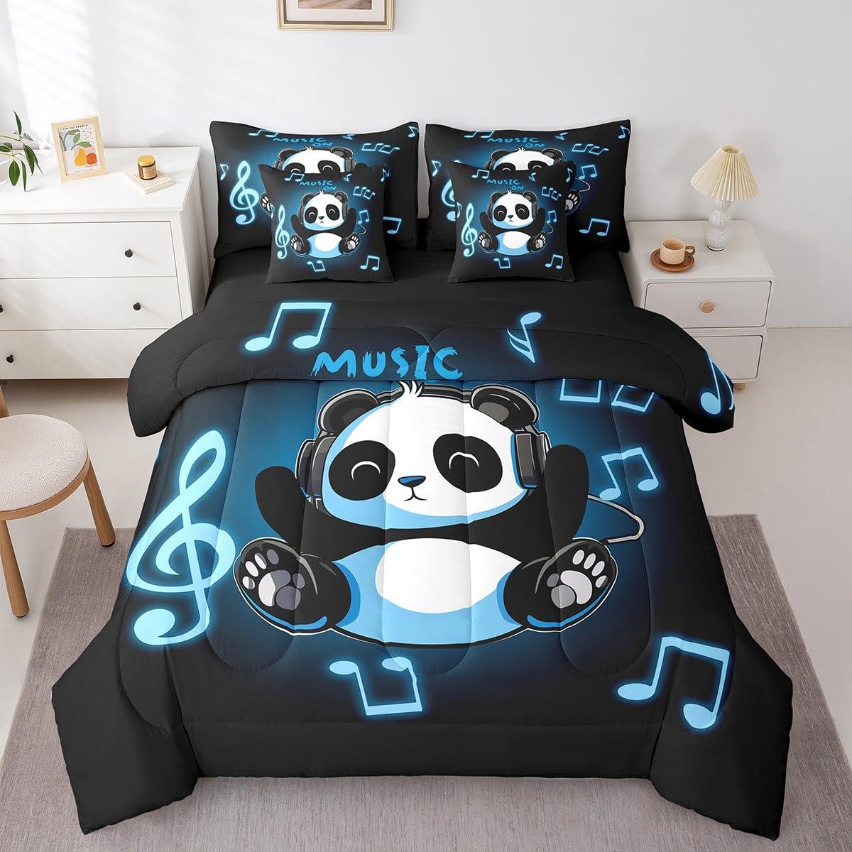 Erosebridal Erosebridal Kids Panda Bed in A Bag King Cute Black White Music Giant Panda Comforter Set 7 Piece for Boys Girls,Headset Musical Note Bedding Set Animal Bear Cat Bed Sheets with Comforter
