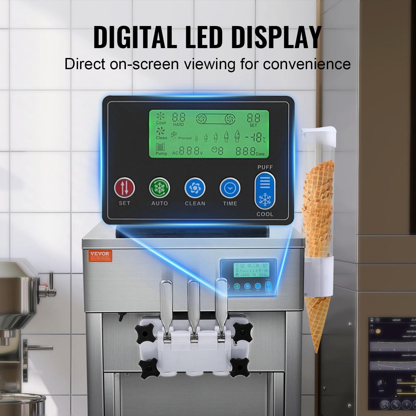 VEVOR VEVOR Commercial Ice Cream Machine, 21 QT/H Yield, 1800W 3-Flavor Countertop Soft Serve Ice Cream Maker, 2 x 4L Hopper 2 x 1.8L Cylinder, LCD Panel Auto Clean Pre-cooling, for Restaurant Snack Bar