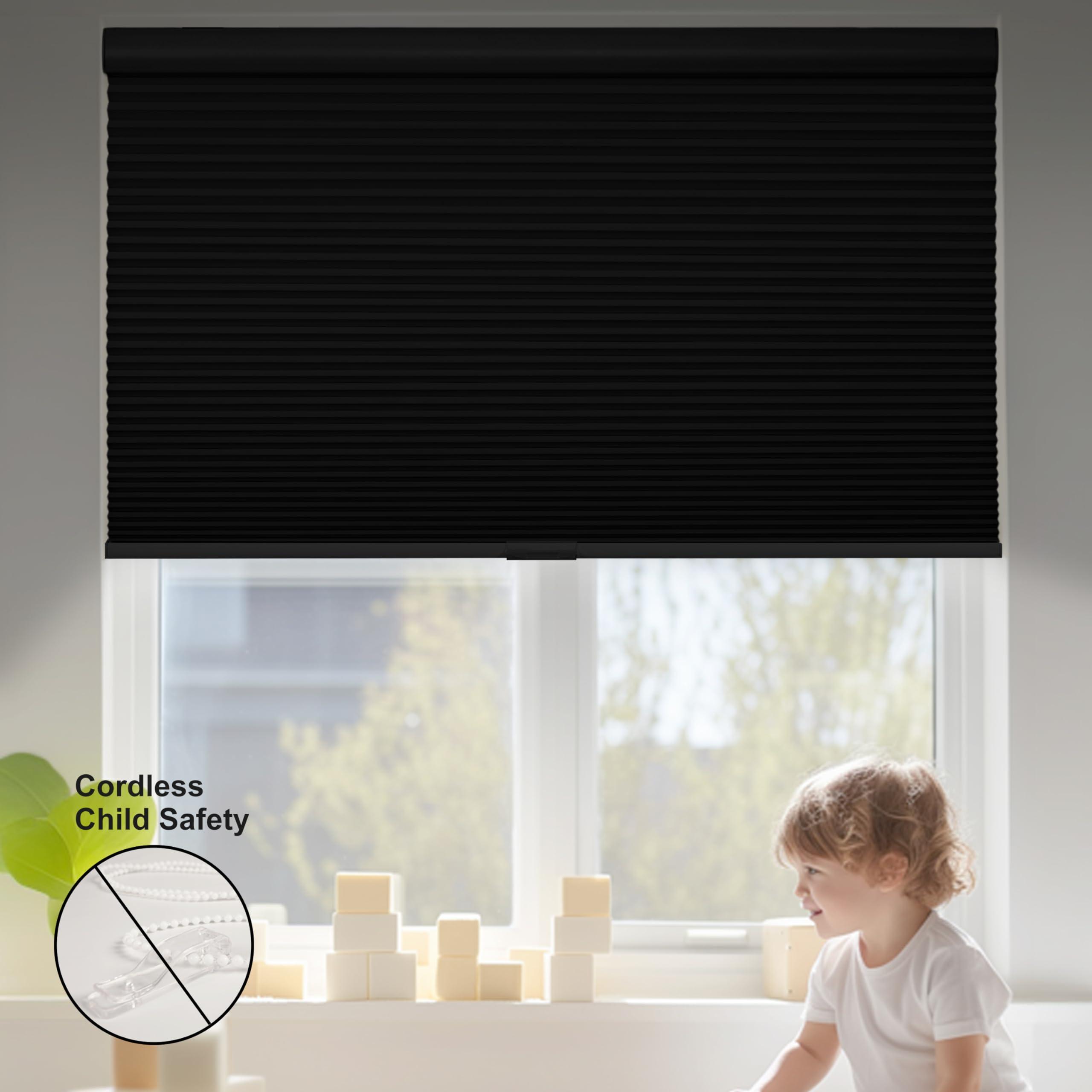 HOTSOON HOTSOON Blackout 1.5" Cell Honeycomb Blinds for Windows Cordless Cellular Shades Hidden Mounting Room Darkening for Home, Office, Black, 60" W x 64" H
