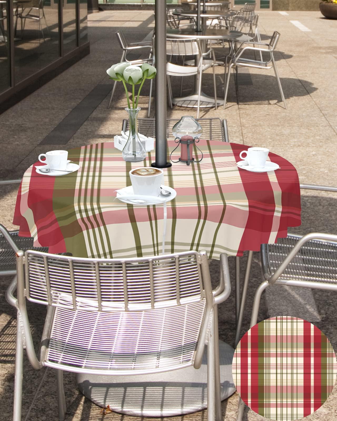 Boanket Boanket Outdoor Tablecloth with Umbrella Hole for Patio/Picnic/Party/Camping, Red Teal Ombre Checkered Waterproof Table Cloth Round Cover Washable, Farmhouse Buffalo Plaid (Dia 60\")