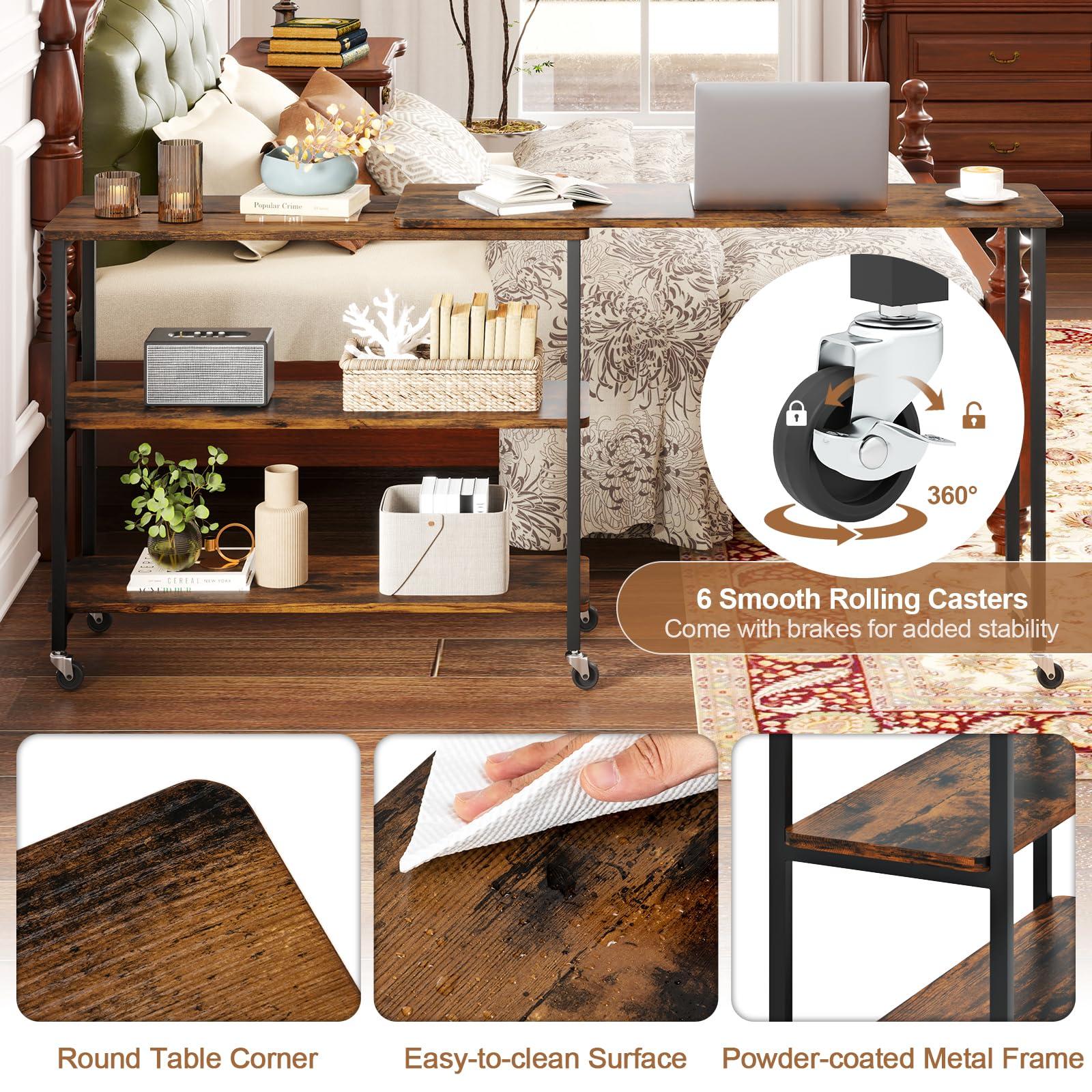 Tangkula Tangkula Large 360 Free Rotating Sofa Side Table, Patented Mobile Couch Desk with 2-Tier Storage Shelves, Movable Laptop Table with Sturdy Metal Frame, Couch Table Snack Table for Home Office