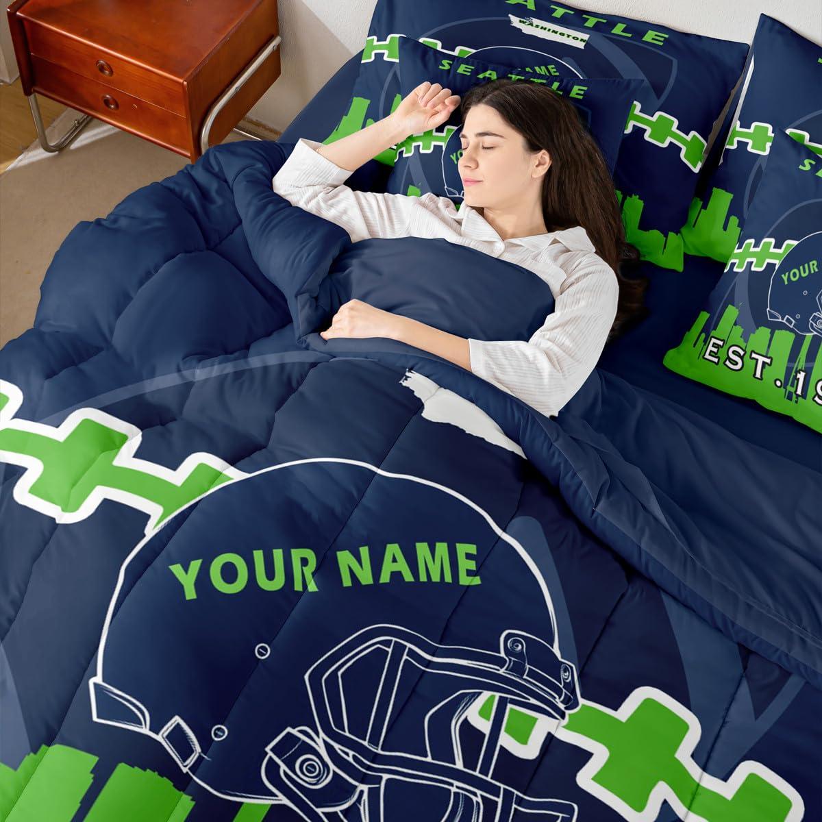 Erosebridal Erosebridal 7 Pcs Comforter Set King Size,Personalized Kids Football Bed in a Bag with Flat Sheet and Fitted Sheet for Kids and Adults,Sports Bedding Set with Pillowcase and Sham(Seattle)