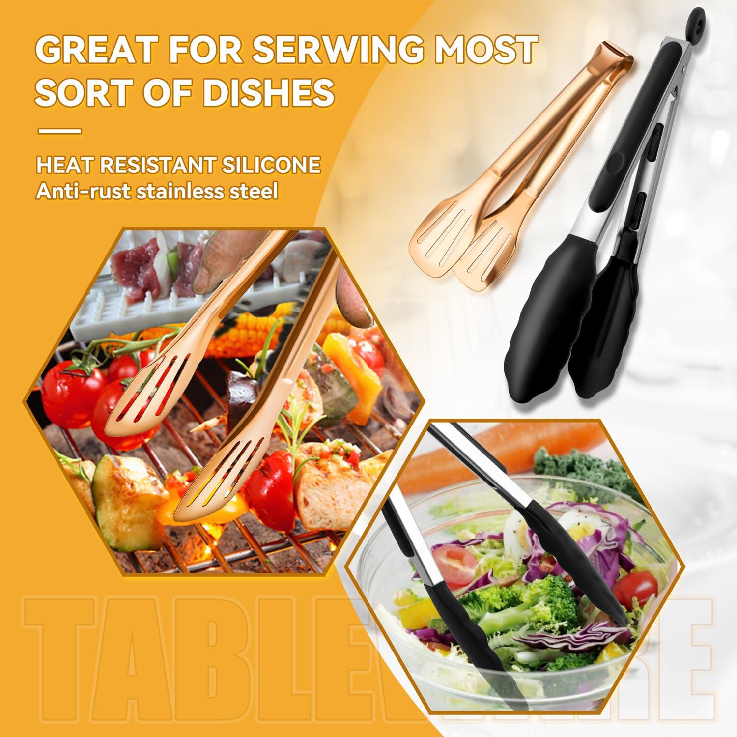 LifeMusican Rose Gold Serving Utensils Set Stainless Steel, Large Metal Serving Spoons, Slotted Spoons, Forks, Tongs, Soup and Skimmer Spoon, Cake Server serveware for Partie, Buffet, Catering, Entertaining 15pcs