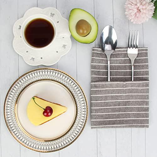 INFEI INFEI Brown Striped Linen Cotton Dinner Cloth Napkins - Set of 12 (40 x 30 cm) - for Events & Home Use (Brown)