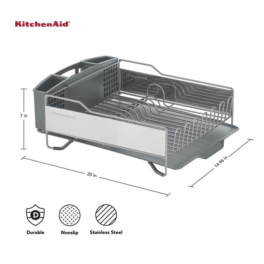 KitchenAid KitchenAid Large Capacity Full Size Rust Resistant Dish Rack with Angled Drain Board and Removable Flatware Caddy, Light Grey