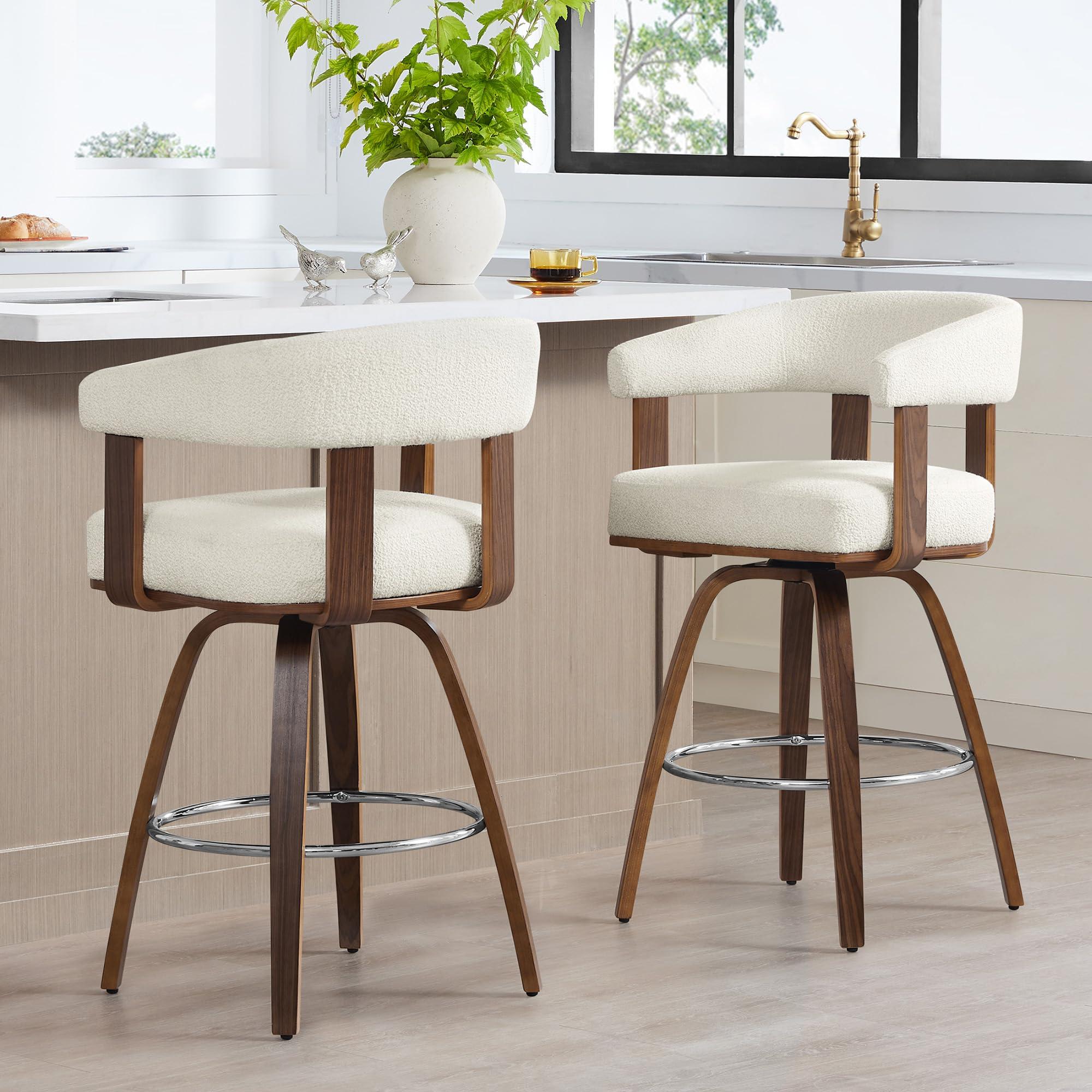 CHITA CHITA Swivel Counter Height Barstools Set of 2, FSC Certified Polyester Upholstered Bar Stools with Back and Armrest for Kitchen Island Home Bar, 27\" Seat Height, Cream with Walnut Frame