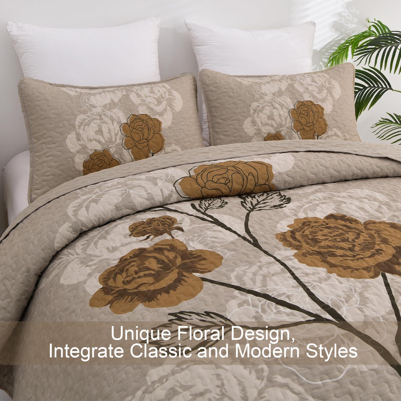 Anibedding Anibedding Floral Quilt Set Queen Size,Elegant Brown Floral Printed Bedspread Coverlet 3 Pieces Soft Microfiber Bedding Set with 2 Pillowcases for All Season(96\"90\")