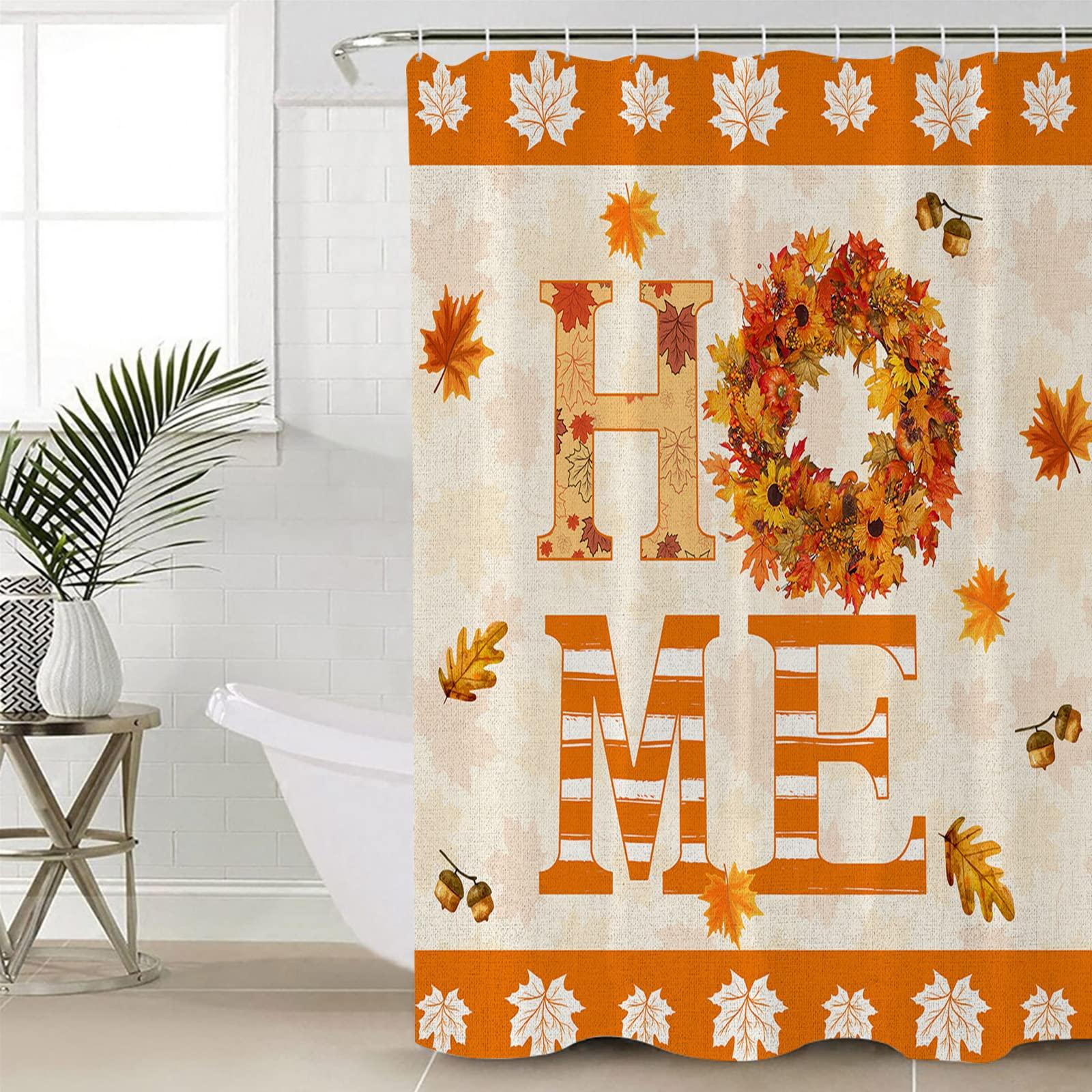 Yukro Fall Home Shower Curtain 36x72 Inch, Thanksgiving Farmhouse Maple Leaves Waterproof Bath Curtain with 12 Hooks, Home Marple Leaves Washable Polyester Wrinkle Free Shower Curtains for Bathroom Decor