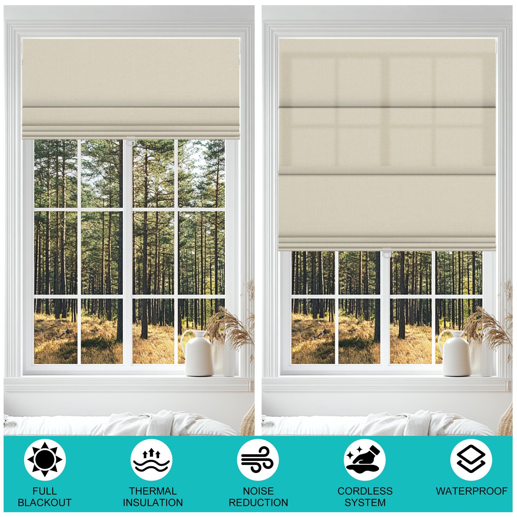 BERISSA BERISSA No Drill Cordless Roman Shades for Window, Blackout Roman Blinds Room Darkening Roll up Blinds Easy Install Linen Roman Window Shades for Inside Mount,34" W x 90" H,Linen Beige