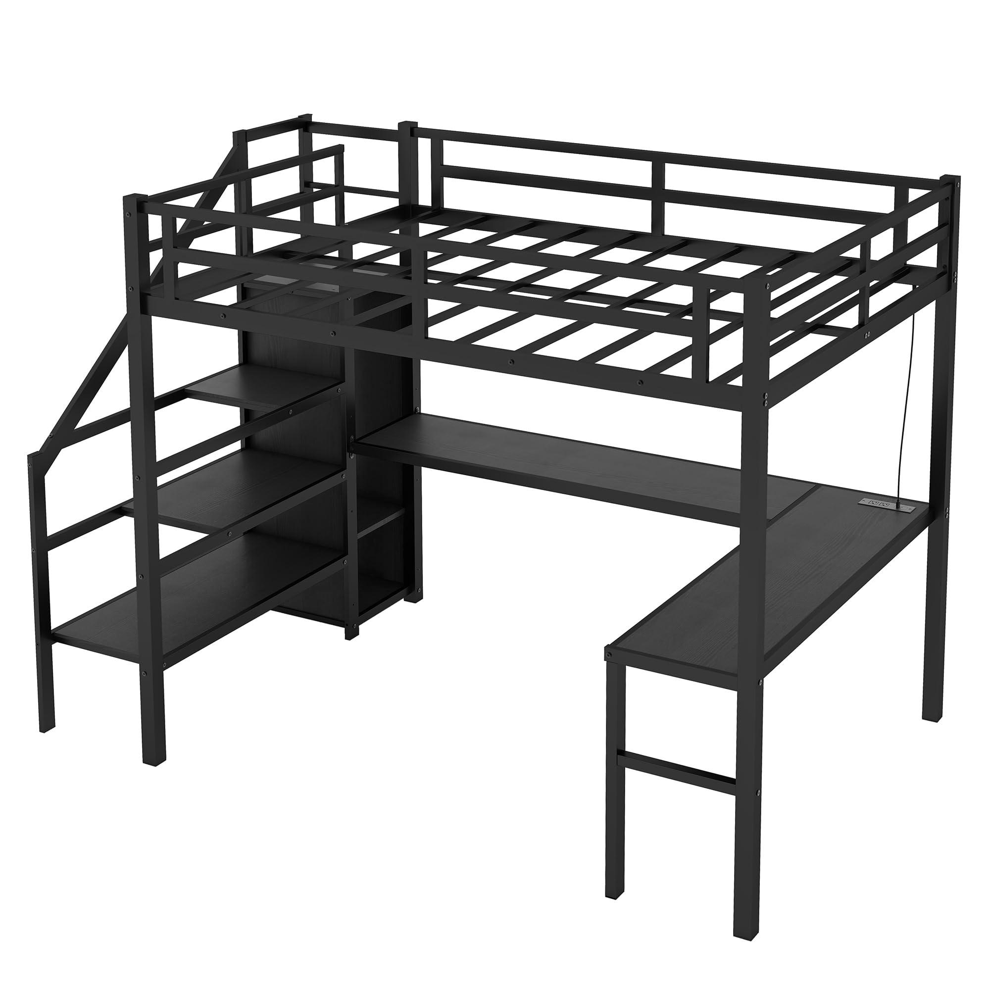 Linique Linique Full Size Gaming Loft Bed with L-Shaped Desk, LED and Charging Station, Metal Loft Bed with Wardrobe and Adjustable Shelf for Kids Teens Adults, Black