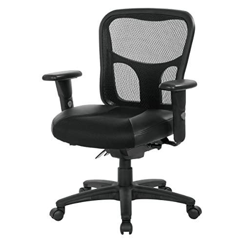 Office Star Office Star ProGrid Breathable High Back Manager's Chair with Leather and Mesh Seat, Adjustable Height and Arms, Dual Function Control, and 360 Degree Swivel, Black