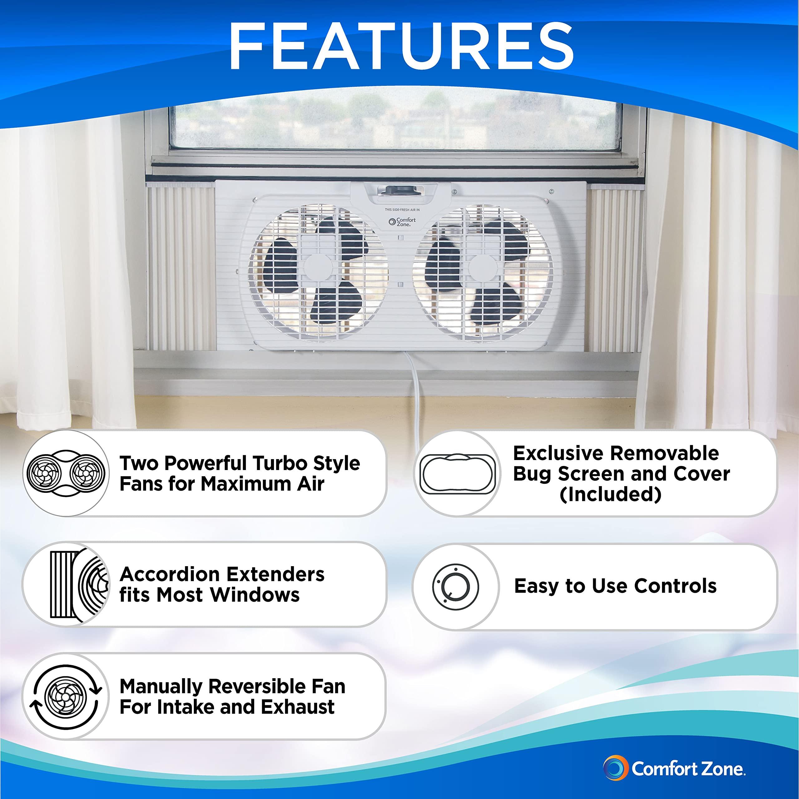 Comfort Zone Comfort Zone Twin Window Fan with Reversible Airflow Control, 9 inch, Auto-Locking Expanders, 2 Speed Fan, Dual Fan, Exhaust, Airflow 9.84 ft/sec, Ideal for Home, Kitchen, Bedroom & Office, CZ319WT