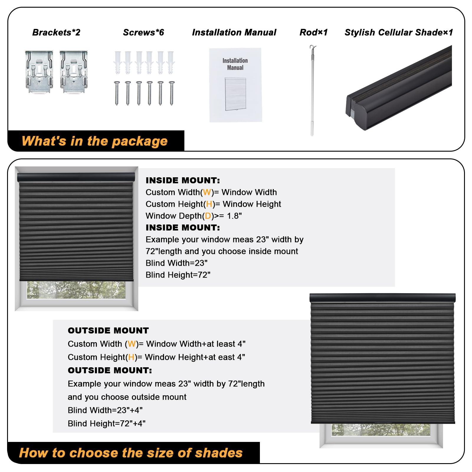 Persilux Persilux Custom Cellular Shades Cordless 100% Blackout Blinds for Windows (Black, 91" W x 86" H) 1.8" Single Honeycomb Window Blinds Thermal Insulated Room Darkening Shades for Windows, Home, Bedroom