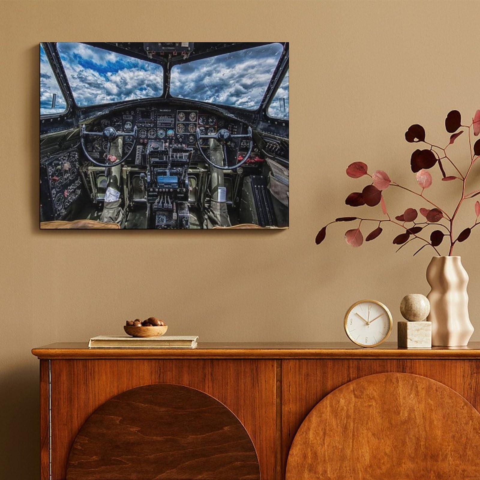 Puryzxac WWII B-17 Cockpit Aircraft Poster Aviation Aircraft Wall Art Wall Art Paintings Canvas Wall Decor Home Decor Living Room Decor Aesthetic 20x26inch(51x66cm) Frame-Style