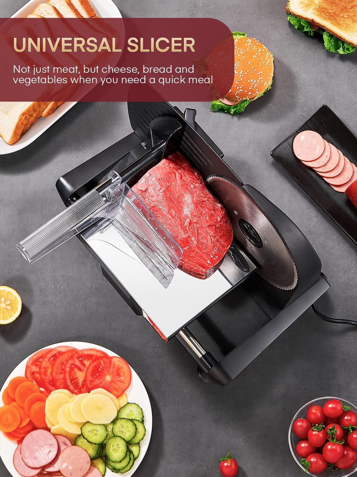 FOHERE FOHERE Meat Slicer for Home Use, 200W Electric Deli Food Slicer with Removable Two 7.5 Blades, 0-15 Precise Thickness Knob Cut Deli Food, Meat Ham Bread Fruit, Include Food Carriage, Black
