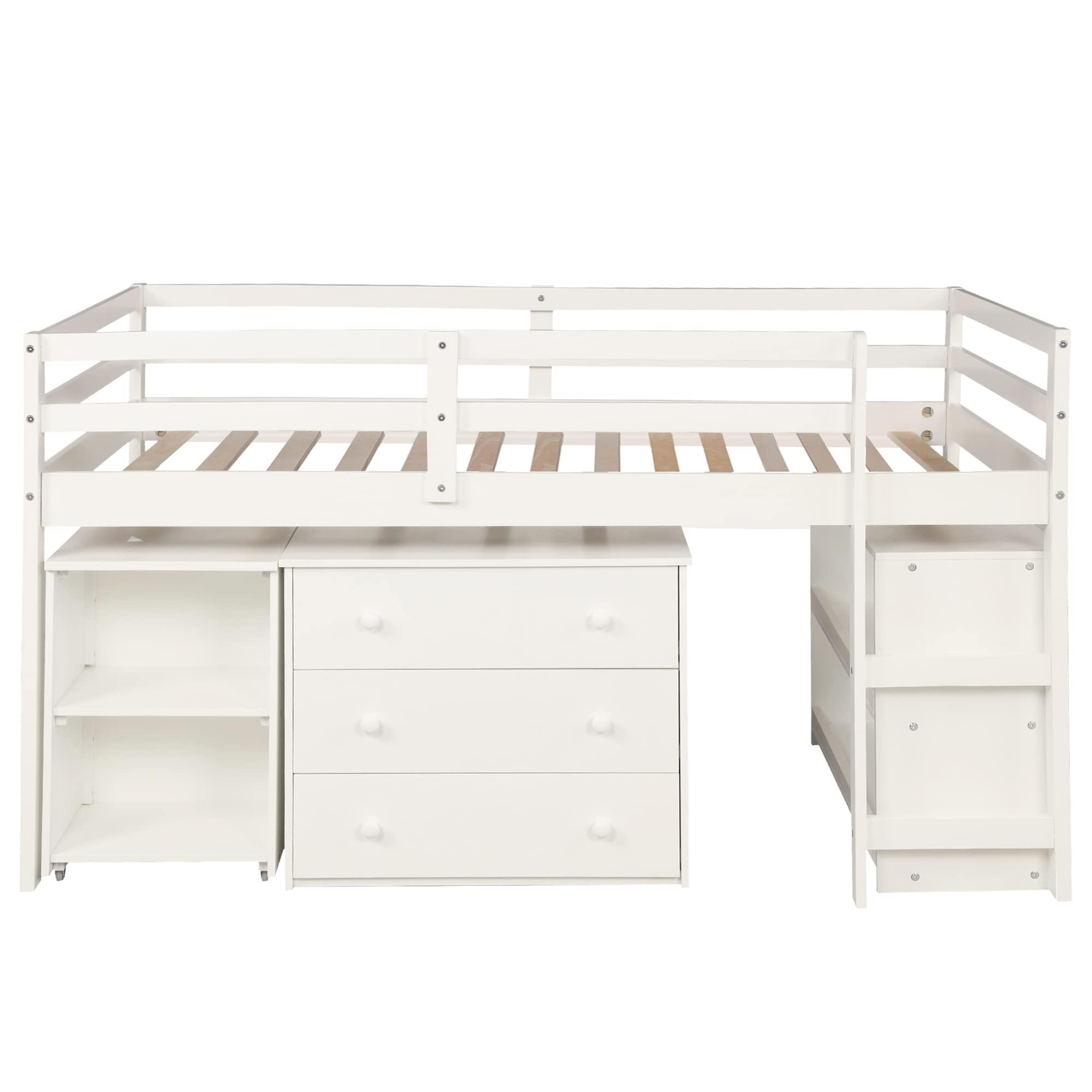 Harper & Bright Designs Harper & Bright Designs Twin Size Low Loft Bed with Rolling Portable Desk and Storage Cabinet, Wooden Low Study Loft Bed with Drawers, for Kids Teens Girls Boys - White