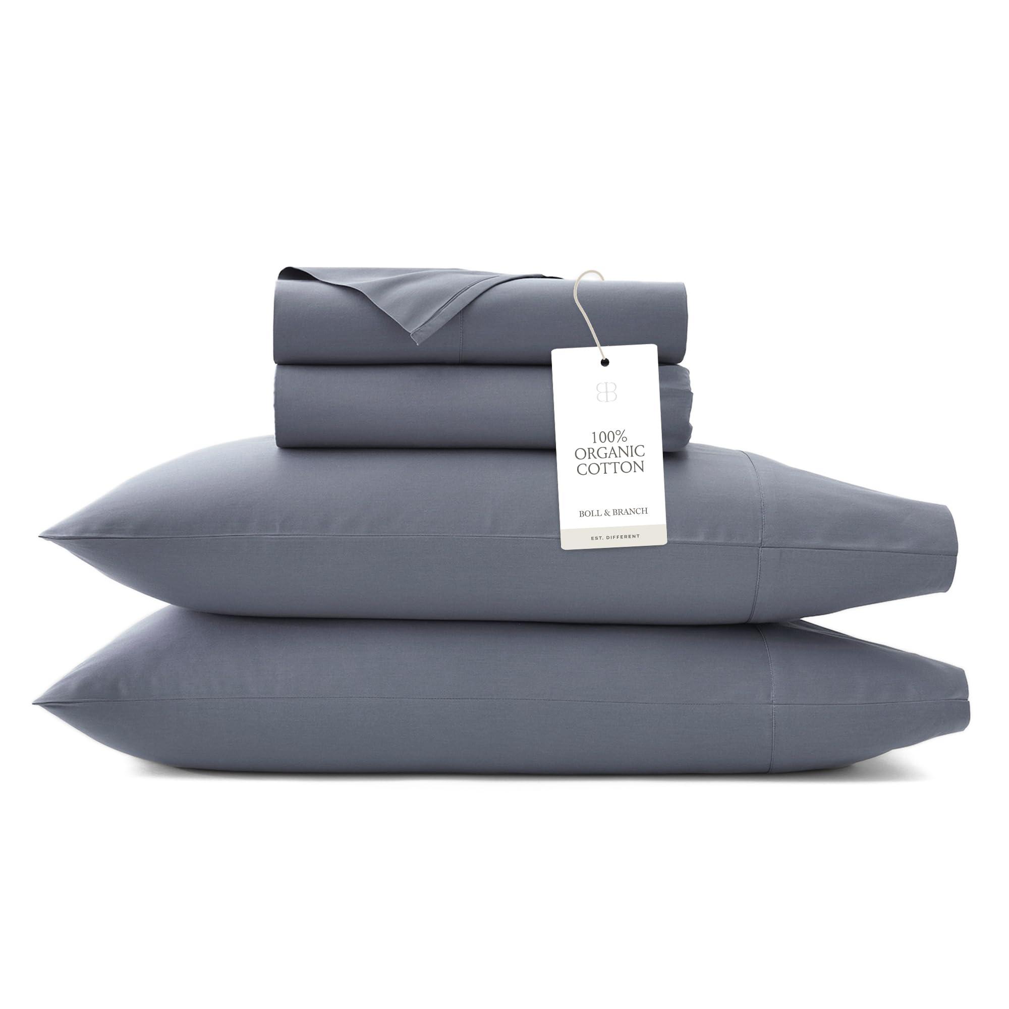 BOLL & BRANCH BOLL & BRANCH Signature Hemmed Sheet Set - Split King, Mineral - Luxury 100% Organic Cotton - Includes 1 Flat, 2 Fitted, 2 Pillowcases - Buttery Soft