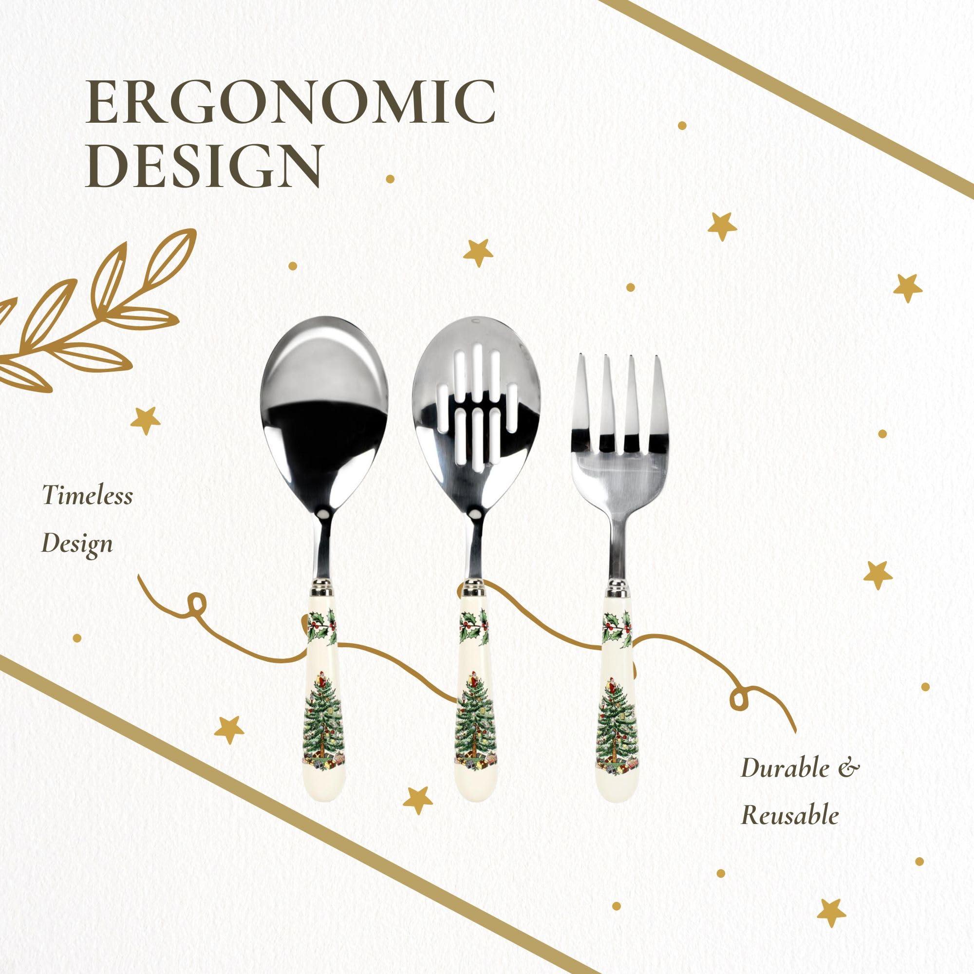 Spode Spode Christmas Tree 3-Piece Stainless Steel Cutlery Set - Porcelain Handle Flatware with Meat Fork, Serving Spoon, and Slotted Spoo - Holiday Silverware for Christmas Dinners & Seasonal Gatherings