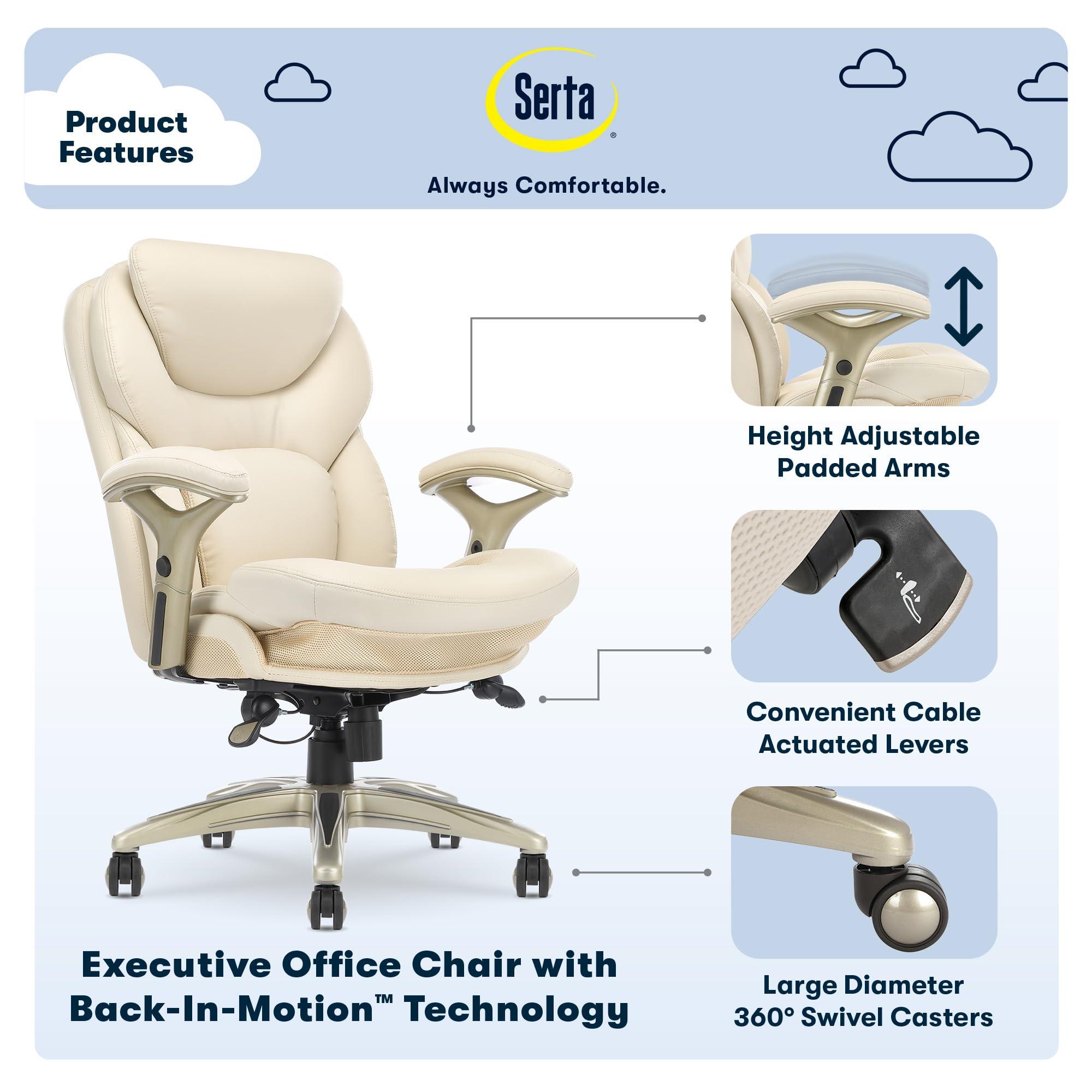 Serta Serta Ergonomic Executive Office Chair Motion Technology Adjustable Mid Back Design with Lumbar Support, Ivory Bonded Leather
