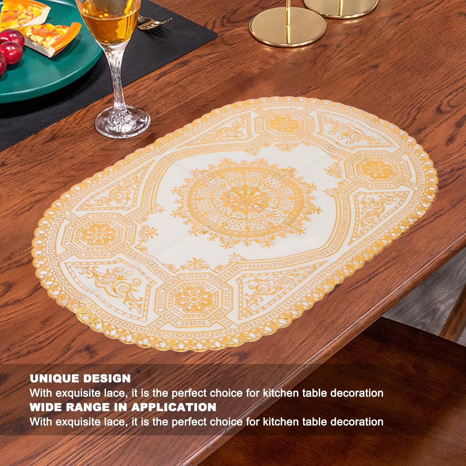 Enforose Gold Placemats 2Pcs Gold PVC Table Mats Placemats and Cup Coaster Pads for Kitchen, Restaurant, and Wedding Decoration (Oval Pattern 03)