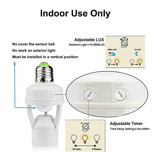 LPHUMEX Motion Sensor Light Socket, PIR Motion E26 Screw Bulb Adapter, Adjustable Auto On/Off Night Light Control, Garage Light, for Basement, Pantry Room, Storage Room, Garage Light