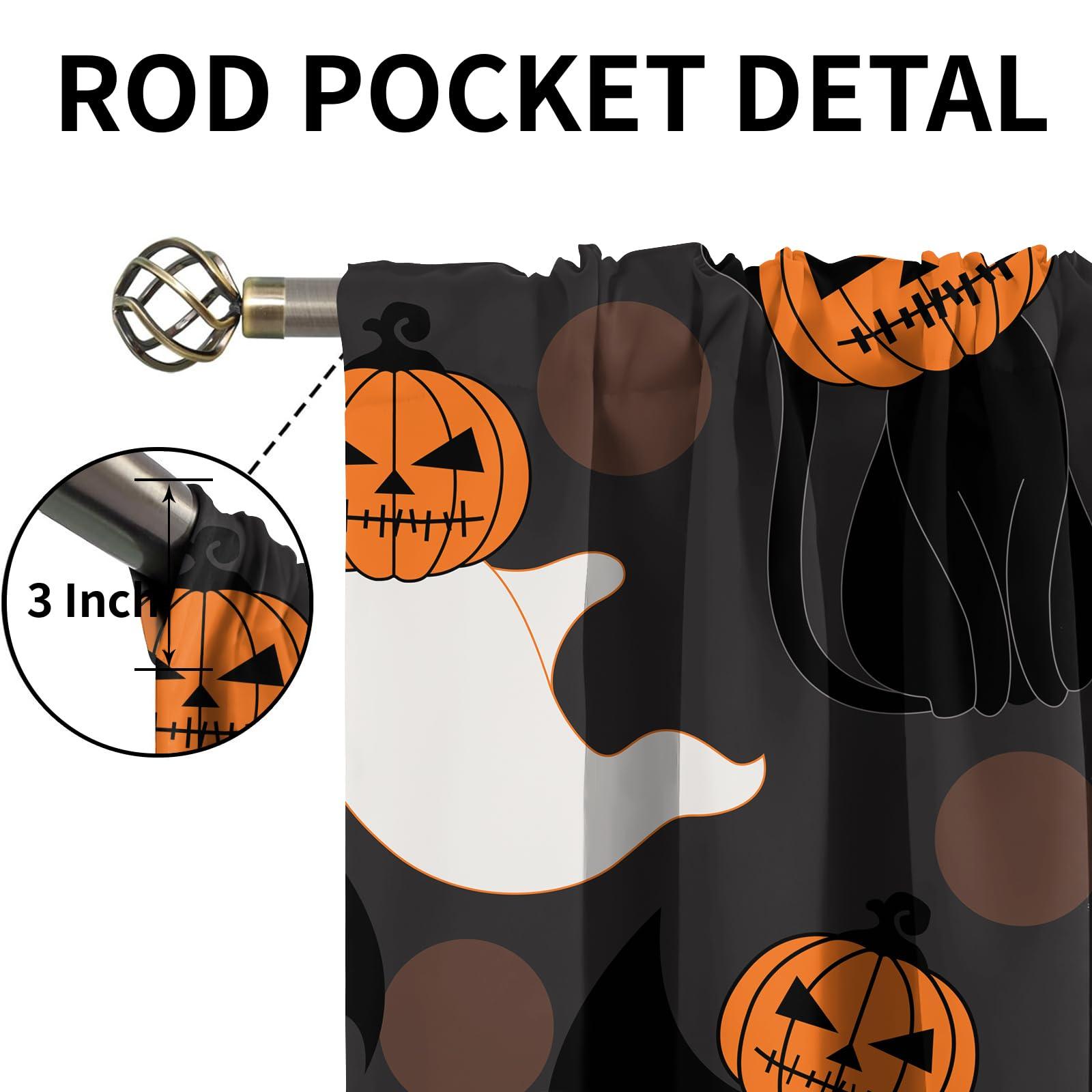LHAITI Halloween Black White Orange Curtains for Bedroom 54 Inch Length Spooky Ghost Pumpkin Printed Rod Pocket Curtain Panels for Bedroom Blackout Curtains for Children's Room Halloween Party Kitchen