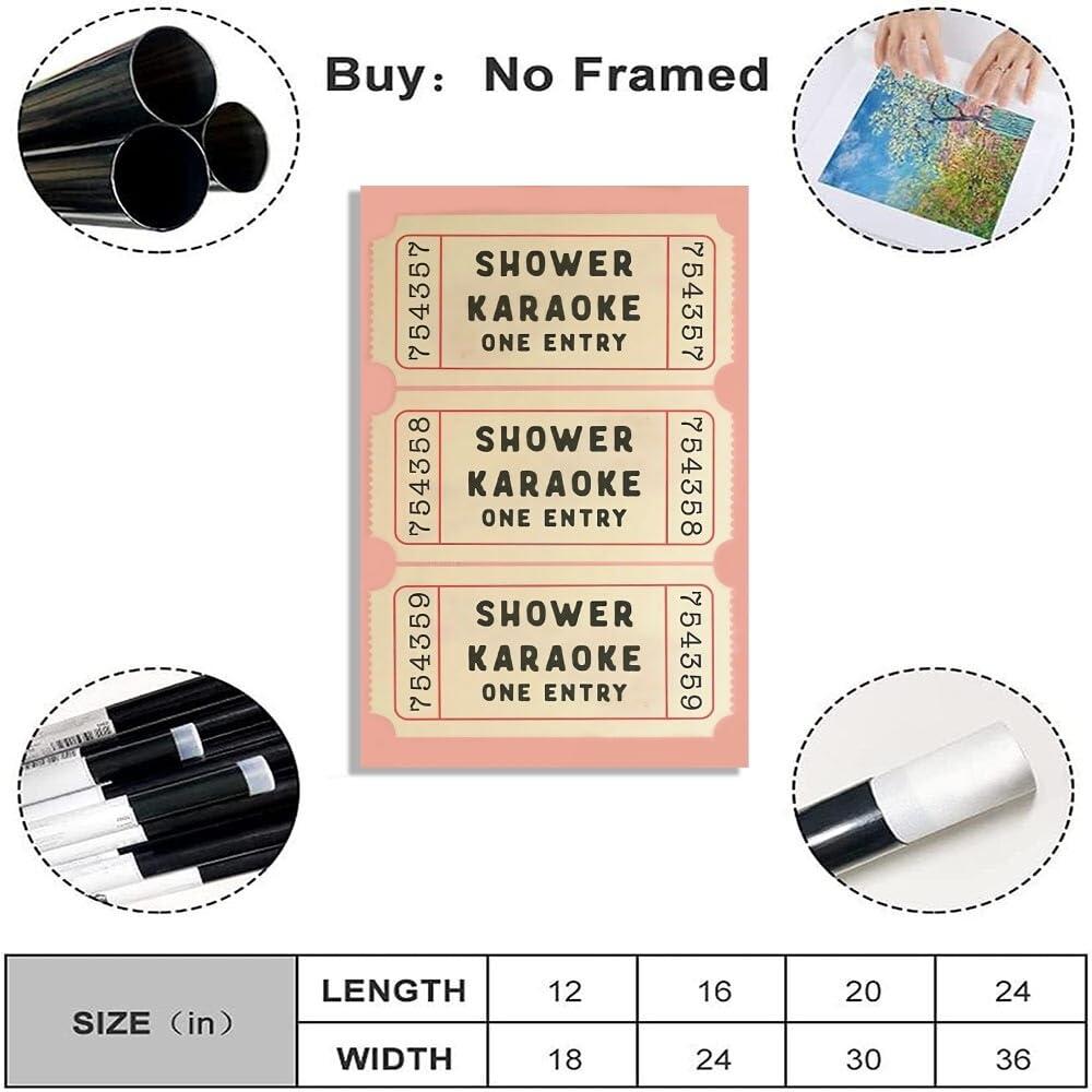 WHQethrial Funny Shower Karaoke Ticket Print Bathroom Canvas Poster for Bathroom Decor, Retro Pink Toilet Wall Art, Cute Bath Decor, Aesthetic Bathroom Art, Guest Bathroom Canvas Wall Art 8x12inch Unframed