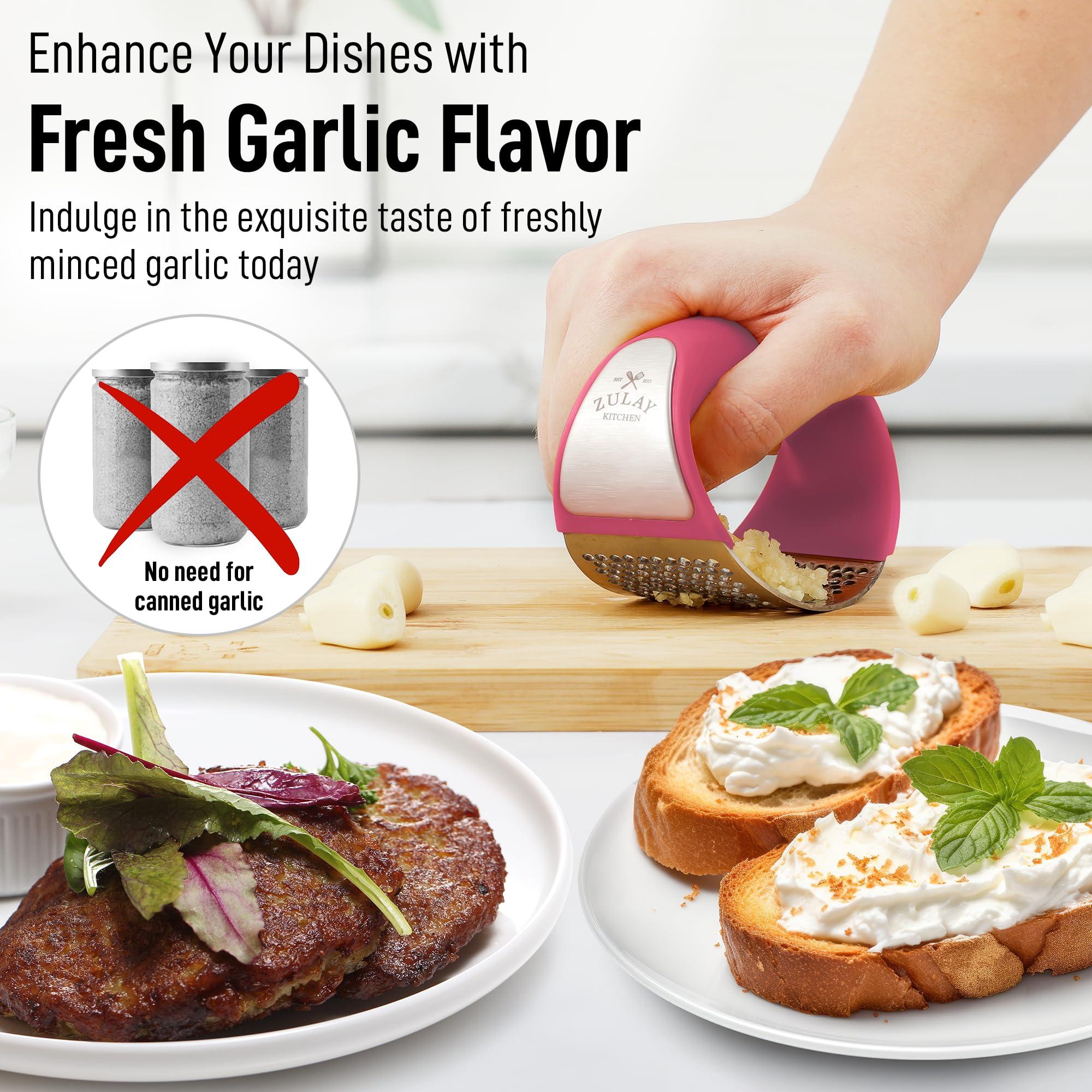 Zulay Kitchen Zulay Stainless Steel Garlic Press Rocker Set - Premium Garlic Mincer Garlic Crusher - New Innovative Garlic Crusher with Peeler and Scraper - Comfortable Grip (Red)