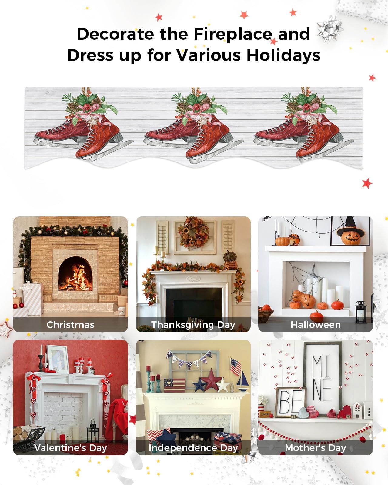 Onekaccu Onekaccu Christmas Fireplace Mantle Scarf, Fireplace Scarf Cover Mantel Shelf Top Scarf Runner Pine Needle Red Skates Rustic Wooden Mantel Cover Fireplace Decoration for Holiday Living Room 90"x17"