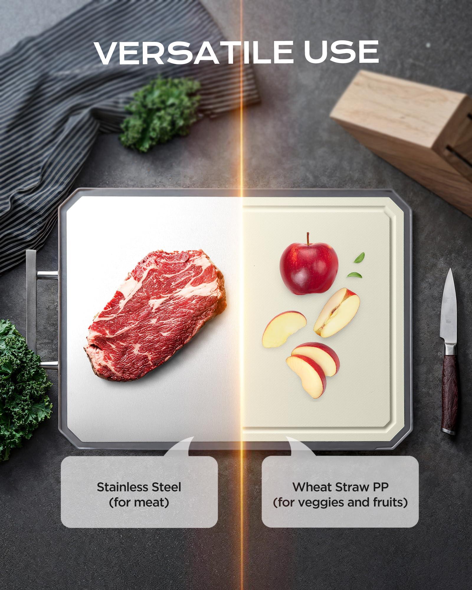 KLAPOLA SNOWCLAD Stainless Steel Cutting Board,Double Sided Steel Cutting Board for kitchen,Stainless Steel/Wheat straw pp Large Cutting Board for meat,Dishwasher Safe,non toxic Chopping Board,16 * 12 Inch
