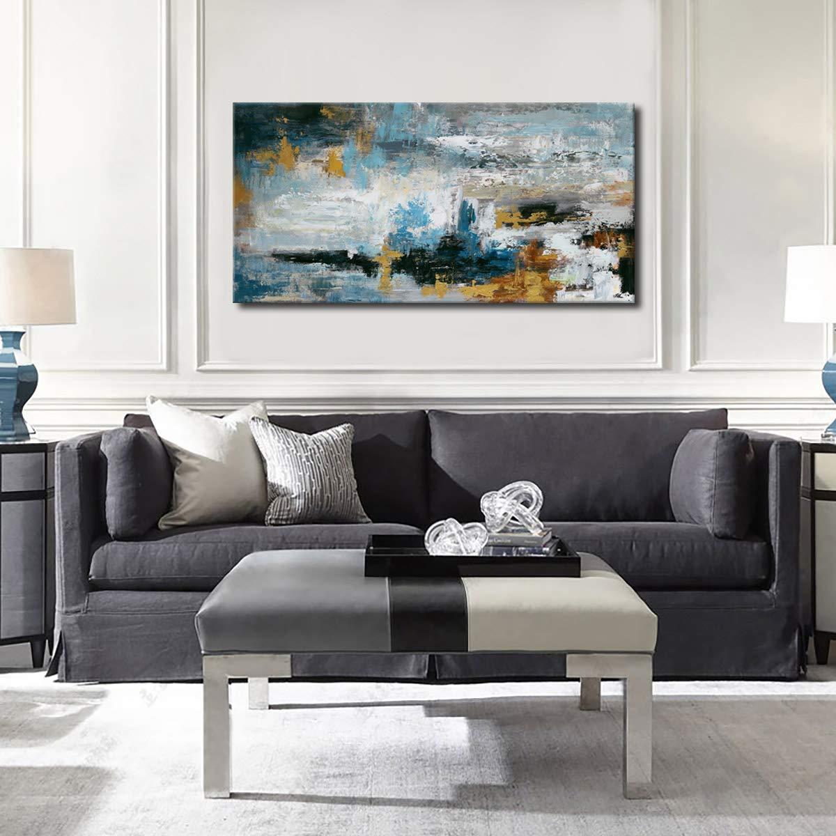 yearainn Abstract Wall Art Large Canvas Picture Modern Blue Grey Brown Artwork on Canvas Prints Wall Decoration for Living Room Bedroom Bathroom Kitchen Office Home Wall Decor Framed Ready to Hang 24" x 48"