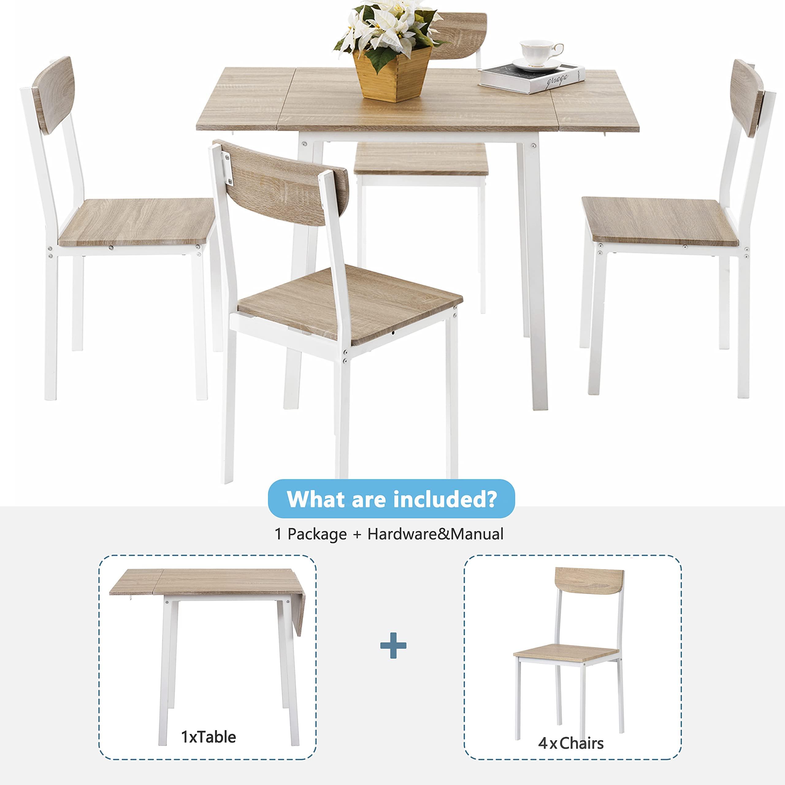 RUNNA RUNNA Unique 5-Piece Modern Metal Dining Set with 1 Drop Leaf Dining Table and 4 Chairs Home Kitchen Furniture Dinette Set