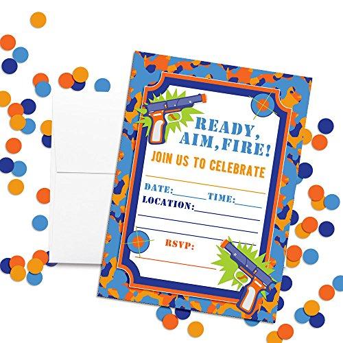 Amanda Creation Dart Gun Birthday Party Invitations, 20 5\"x7\" Fill In Cards with Twenty White Envelopes by AmandaCreation